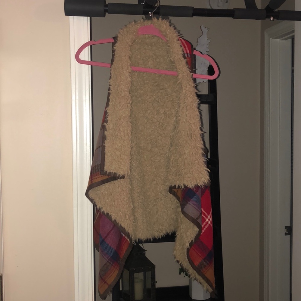 Reversible plaid, faux fur vest